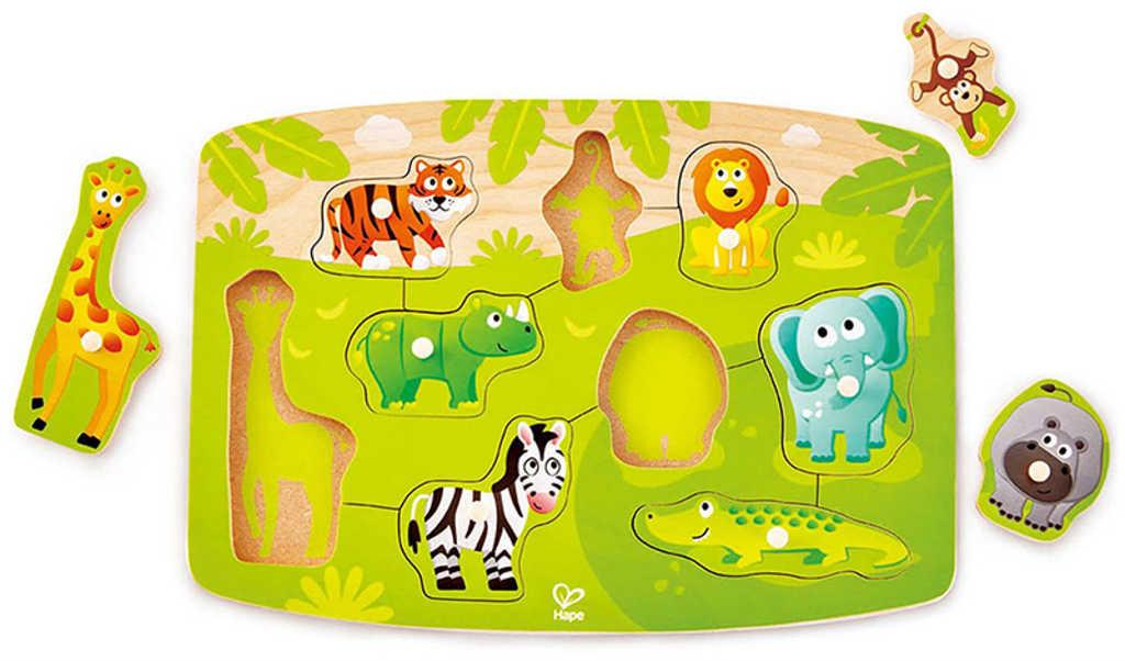 HAPE DŘEVO Baby puzzle vkládací zvířátka džungle 9 dílků na desce