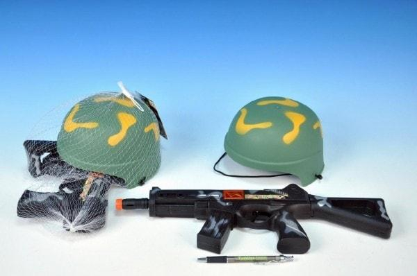 Vojenská sada /samopal 31cm + helma plast v síťce
