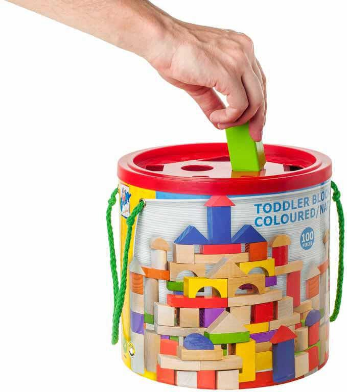 WOODY DŘEVO Baby kostky přírodní a barevné set 100ks prostrkávací víko