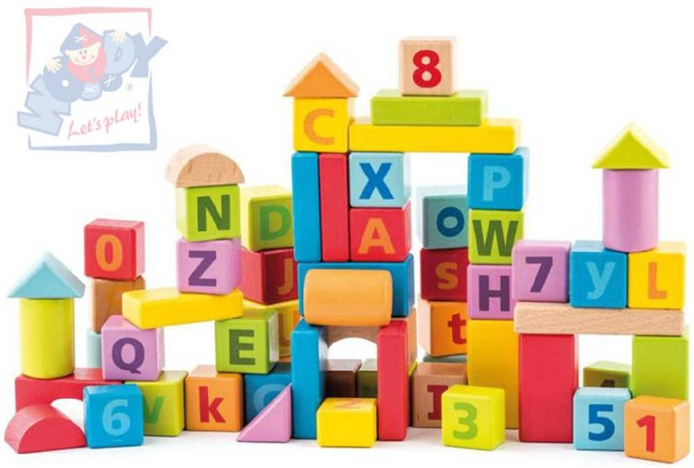 WOODY DŘEVO Pastelové baby kostky naučné s písmeny a číslicemi set 40ks