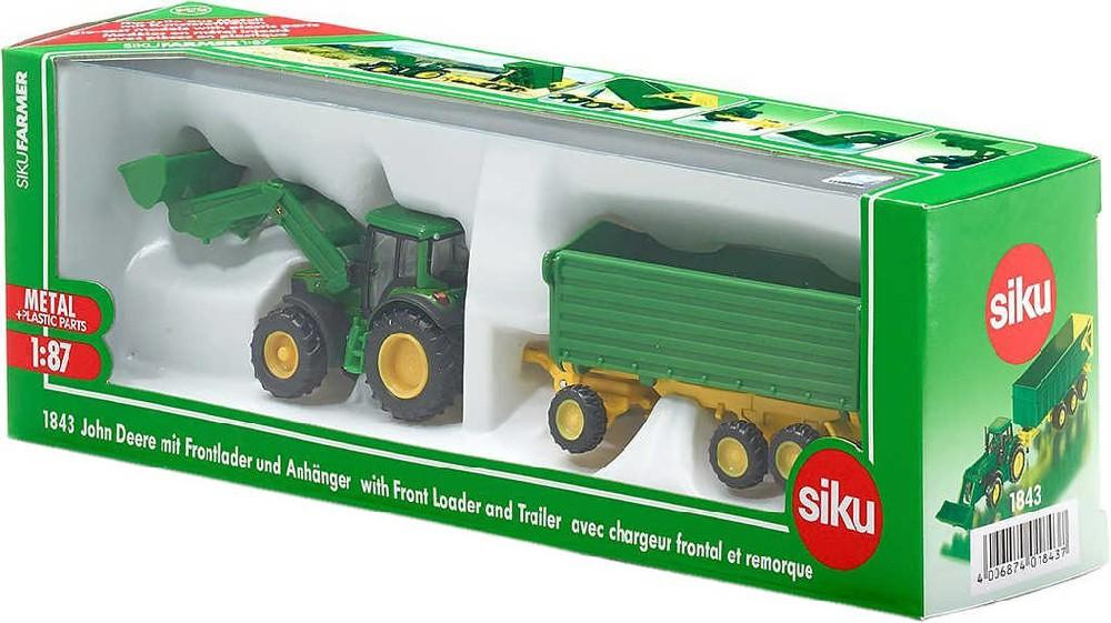 SIKU Farmer traktor John Deere 1:87 s čelním nakladačem a přívěsem model 1843