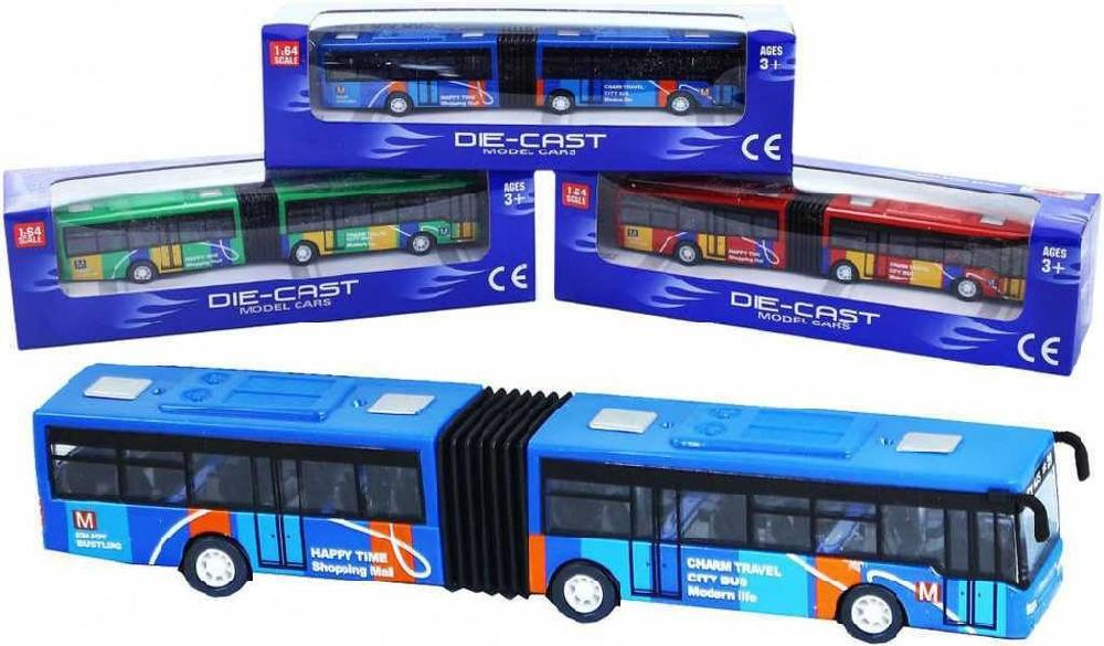 Autobus kovový 18cm kloubový městský 1:64 zpětný nátah 3 barvy