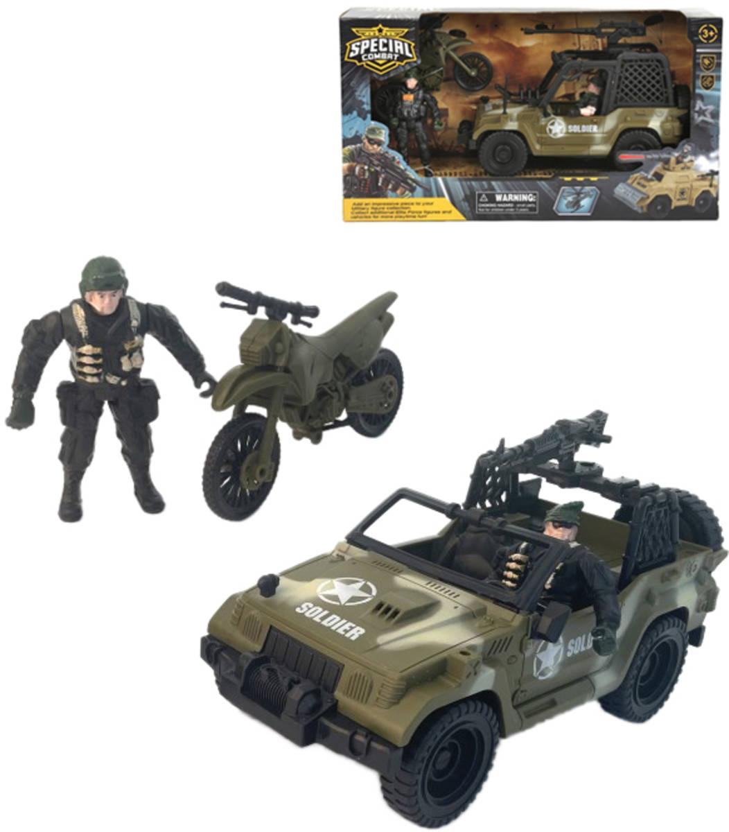 Auto vojenské army vozidlo set s motocyklem a 2 figurkami s doplňky plast