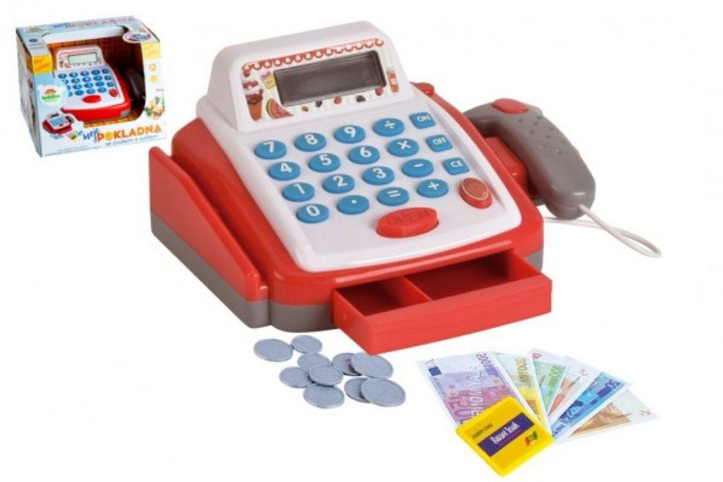 Pokladna malá digitální plast 18cm s doplňky na baterie se zvukem se světlem v krabici 22x15x18cm