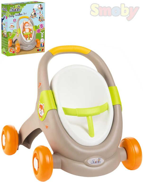 SMOBY Baby Walker Minikiss 3v1 chodítko kočárek sedačka pro panenku hnědá