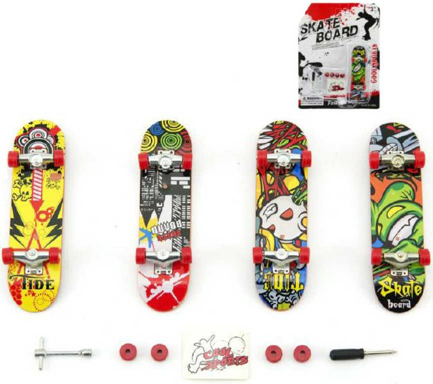 Skateboard psrtový 10cm set s nástroji k sestavení různé druhy na kartě plast