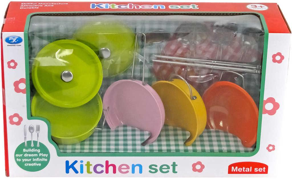 Nádobí dětské kovové set hrnce s kuchyňskými nástroji v krabici