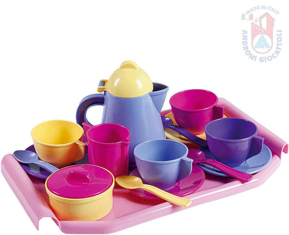 ANDRONI Kávový a čajový set dětské plastové nádobí s podnosem pro holčičky