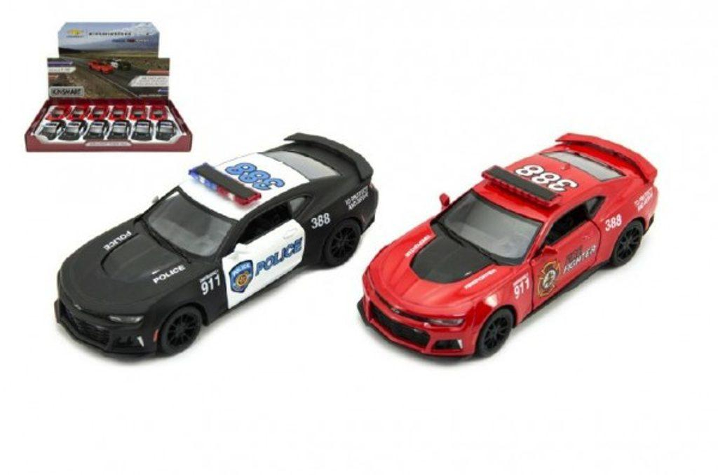 Auto Kinsmart Chevrolet Camaro policie/hasiči 12cm kov asst 2 barvy na zpětné natažení 12ks v boxu