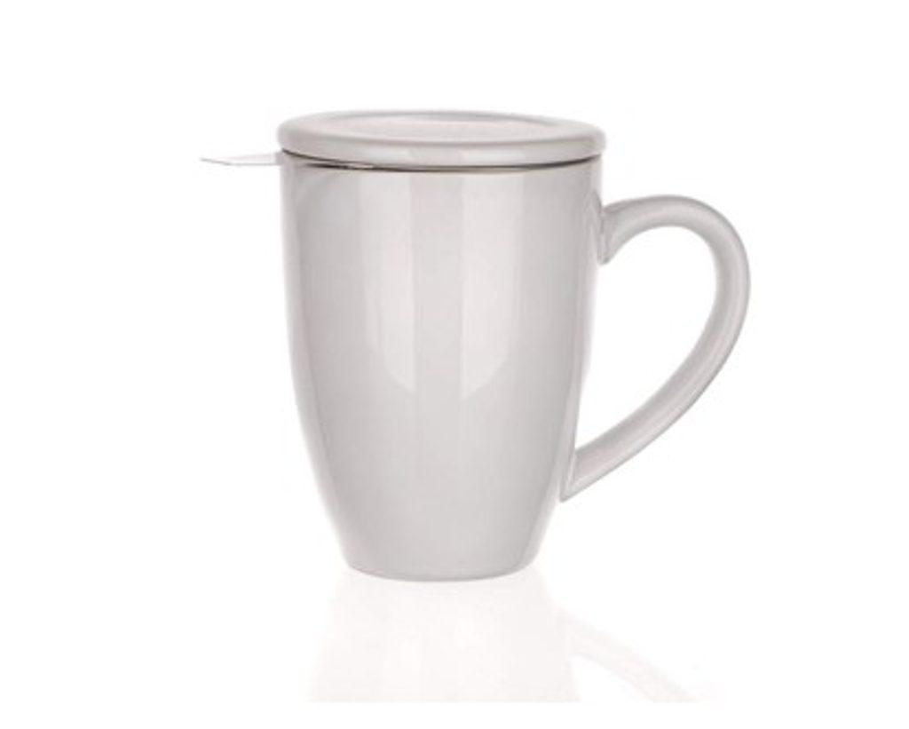 BANQUET Hrnek s víčkem a nerezovým sítkem BONNET 350 ml, bílý, OK
