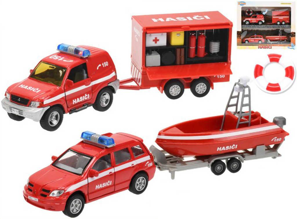 Auta kovová hasičská 13cm 2ks set s přívěsem a doplňky na baterie Světlo Zvuk
