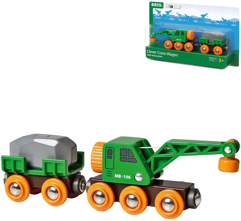 BRIO DŘEVO Set Vagon s nákladem + jeřáb doplněk k vláčkodráze 33698