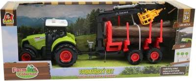 Traktor s přívěsem s nakládacím jeřábem a kládami dřeva na baterie Světlo Zvuk