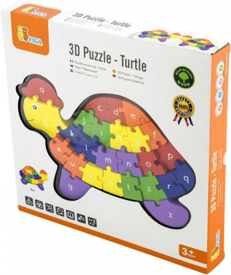 DŘEVO 3D Puzzle skládačka želva 24cm s abecedou 26 dílků v krabici
