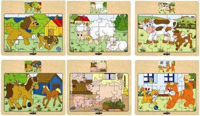 WOODY DŘEVO Puzzle na desce Zvířátka domácí s mláďátky 6 druhů