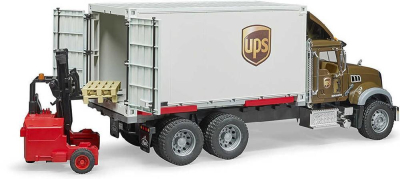 BRUDER 02828 Auto Mack Granite UPS přeprava peněz set s vozíkem a paletami