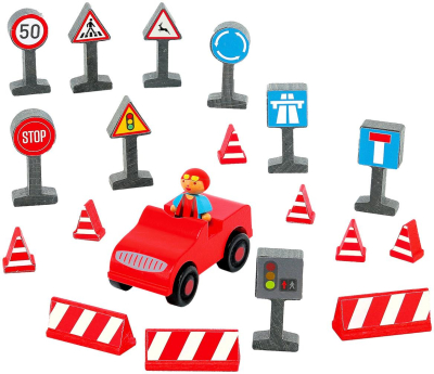 Jeujura Dřevěné figurky ke stavebnicím Řidič s autíčkem a příslušenstvím 20 dílů