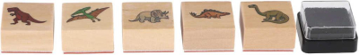 DŘEVO Razítka 3cm dřevěná 5+1 s poduškou Dinosauři na kartě